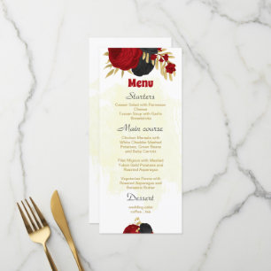 red & black flowers gold botanical wedding menu