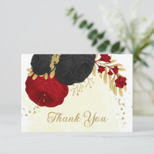 red & black flowers gold botanical wedding thank you card