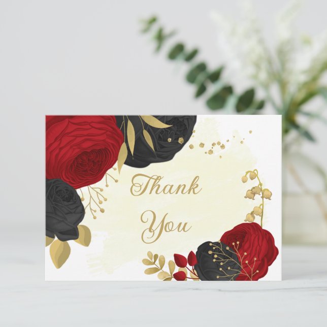 red & black flowers gold botanical wedding  thank  you card (Standing Front)