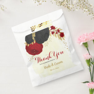 red & black flowers gold favour bags