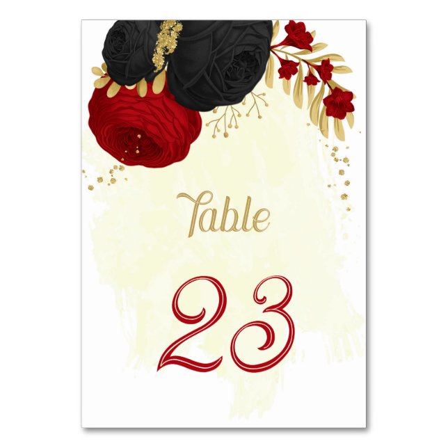 red & black flowers gold wedding table number (Front)