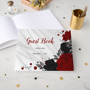 red & black flowers grey botanical marble guest book