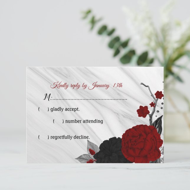 red & black flowers marble  RSVP card (Standing Front)