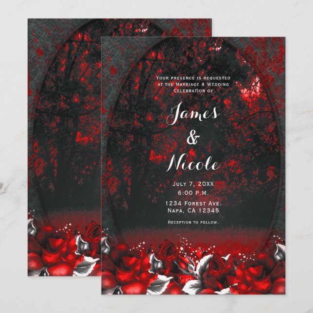 Red & Black Forest Roses Gothic Wedding  Invitation (Front/Back)