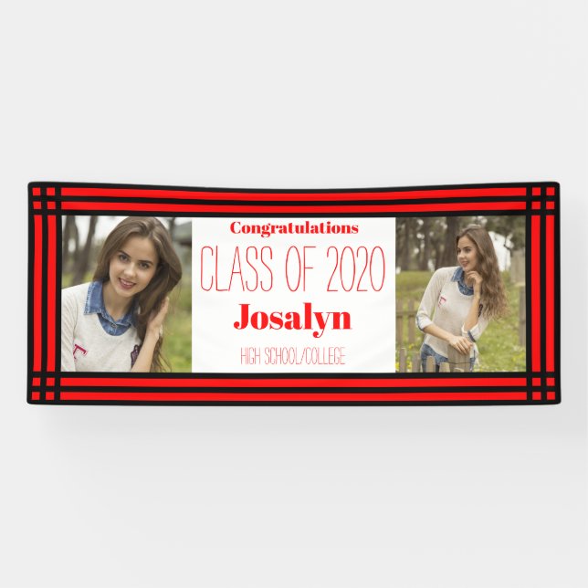 Red Black Geometric Two Photos Graduation Banner (Horizontal)