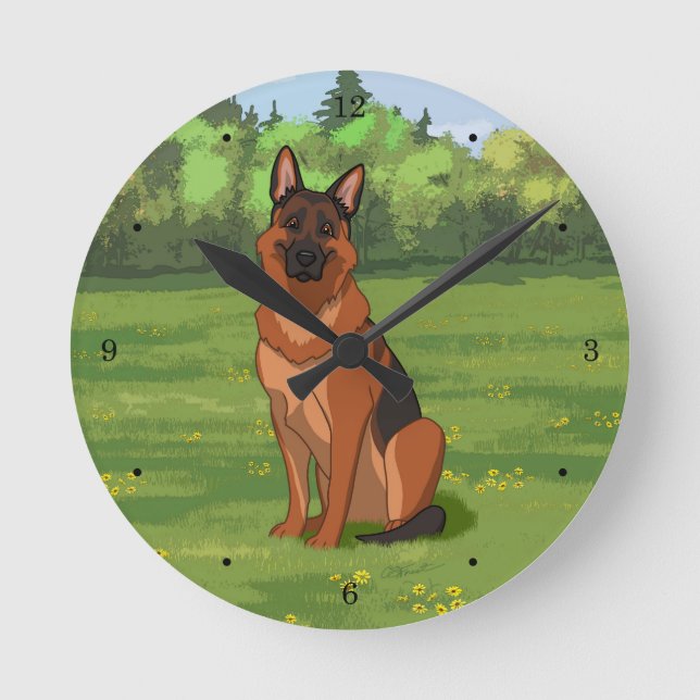 Red & Black German Shepherd GSD Round Clock (Front)