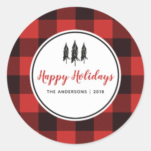 Red & Black Gingham Flannel Christmas Tree Classic Round Sticker