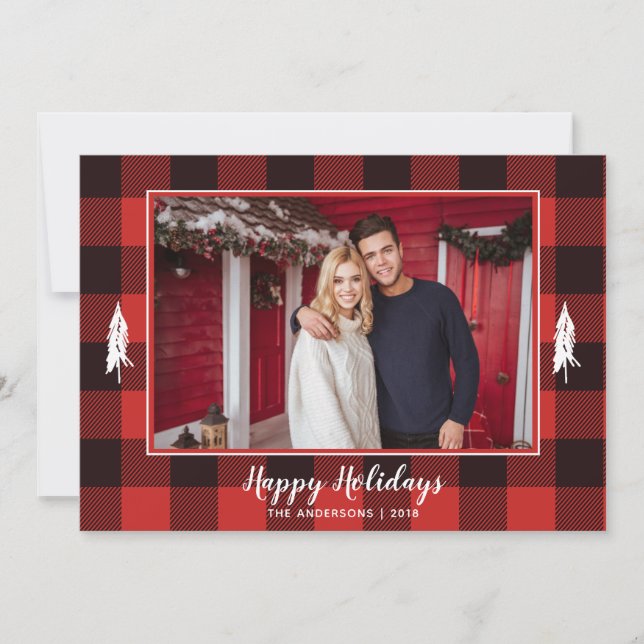 Red & Black Gingham Flannel Photo Christmas Tree Holiday Card (Front)