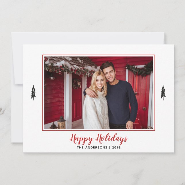 Red & Black Gingham Flannel Photo Christmas Tree Holiday Card (Front)