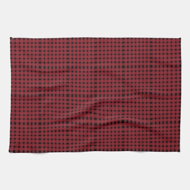 Red Black Gingham Plaid Pattern Tea Towel (Horizontal)