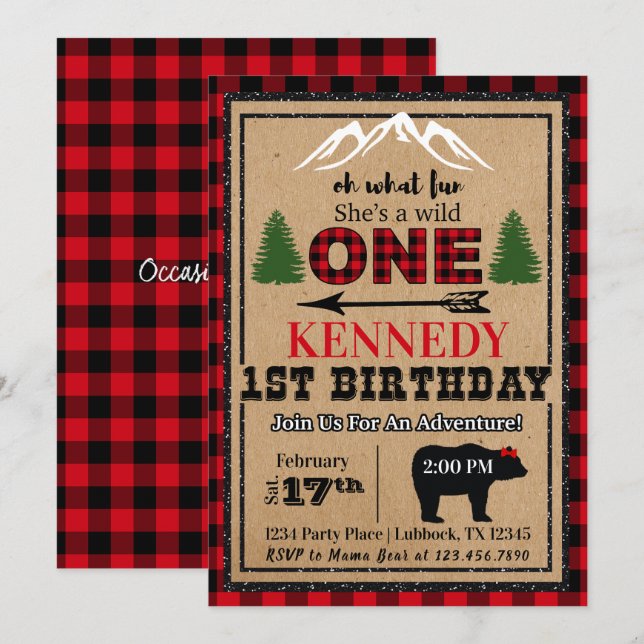 Red Black Girl's Buffalo Plaid Birthday Invitation (Front/Back)