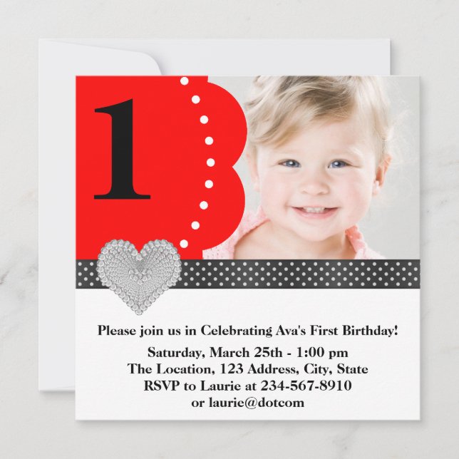Red Black Girls Photo 1st Birthday Party Invitation (Front)