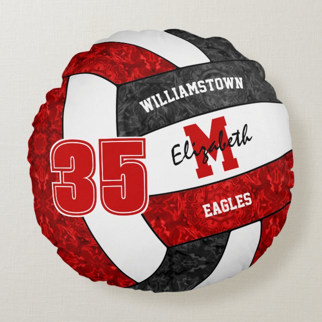 red black girls volleyball season sports keepsake round cushion (Front)