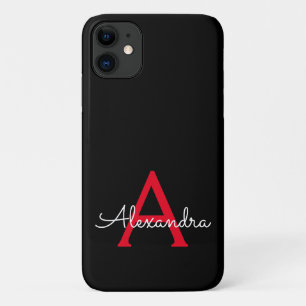 Red Black Girly Script Monogram Name Modern iPhone 11 Case