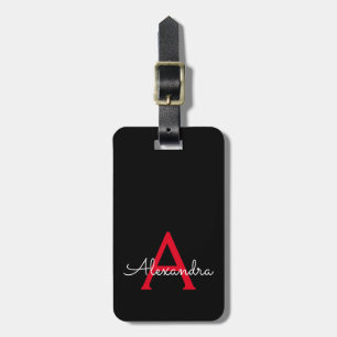 Red Black Girly Script Monogram Name Modern Luggage Tag