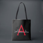 Red Black Girly Script Monogram Name Modern Tote Bag<br><div class="desc">Black and Red Elegant Add Your Own Name Monogram Book Bag. This Book Bag can be customised to include your initial and first name and given as a gift for Christmas,  Sweet 16 Birthday,  Bridal Shower or a Wedding.</div>