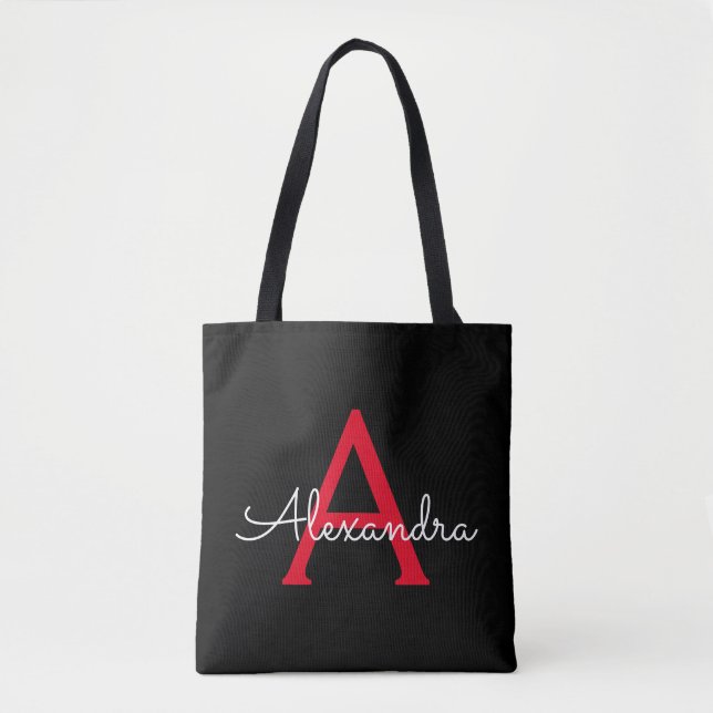 Red Black Girly Script Monogram Name Modern Tote Bag (Front)