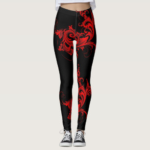 Red & Black Girly Swirls Design Leggings