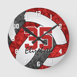 red black girly team colours volleyball room round clock
