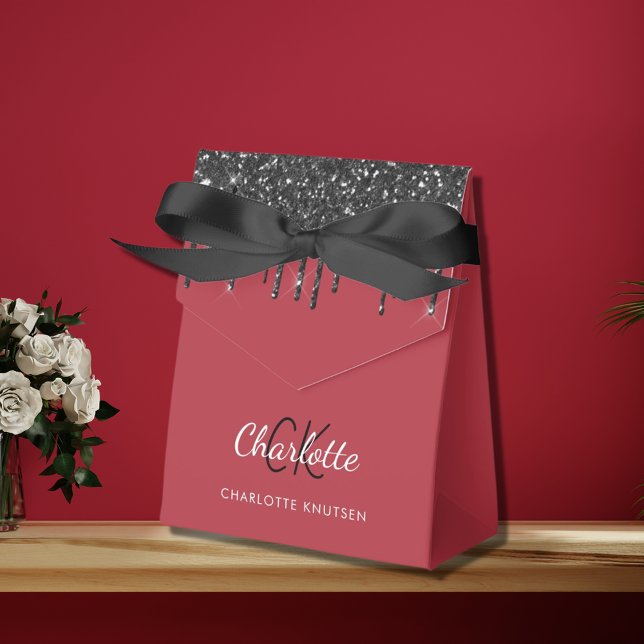 Red black glitter drips monogrammed favour box (Creator Uploaded)