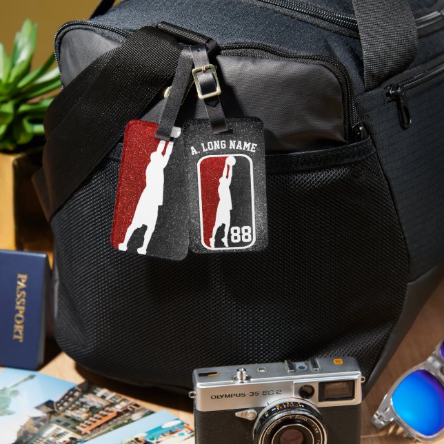 Red & Black Glitter Hoops Basketball Player  Luggage Tag (Front & Back)