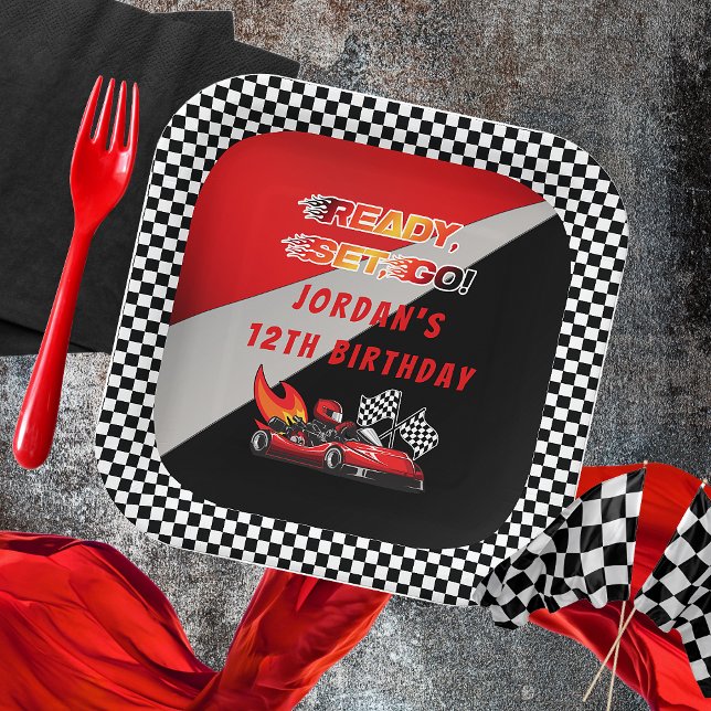 Red | Black Go Kart Racing Birthday Paper Plate (Red and Black Go Kart Racing Kid's Birthday Party "Ready, Set, Go!" Paper Plates)