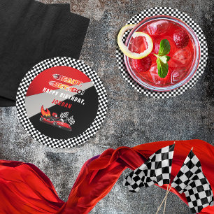 Red   Black Go Kart Racing Birthday Round Paper Coaster