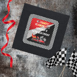 Red | Black Go Kart Racing Birthday Square Sticker<br><div class="desc">Race on over to celebrate a go kart racing-themed birthday. This birthday party design features a red and black go kart with a red helmeted drive and flames shooting out the back of the go kart. The words "Ready, Set, Go!" are also done in a flame-toned gradient. A pair of...</div>