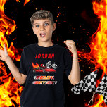 Red | Black Go Kart Racing Birthday T-Shirt<br><div class="desc">Race on over to celebrate a go kart racing-themed birthday. This birthday party design features a red and black go kart with a red helmeted drive and flames shooting out the back of the go kart. The words "Ready, Set, Go!" are also done in a flame-toned gradient. A pair of...</div>
