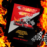 Red | Black Go Kart Racing Birthday  Thank You Card<br><div class="desc">Race on over to celebrate a go kart racing-themed birthday. This birthday party "Thank You" design features a red and black go kart with a red helmeted drive and flames shooting out the back of the go kart. The words "Thank You!" are also done in a flame-toned gradient. A pair...</div>