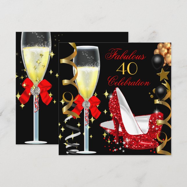 Red Black Gold 40 & Fabulous 40th Birthday Party 2 Invitation (Front/Back)