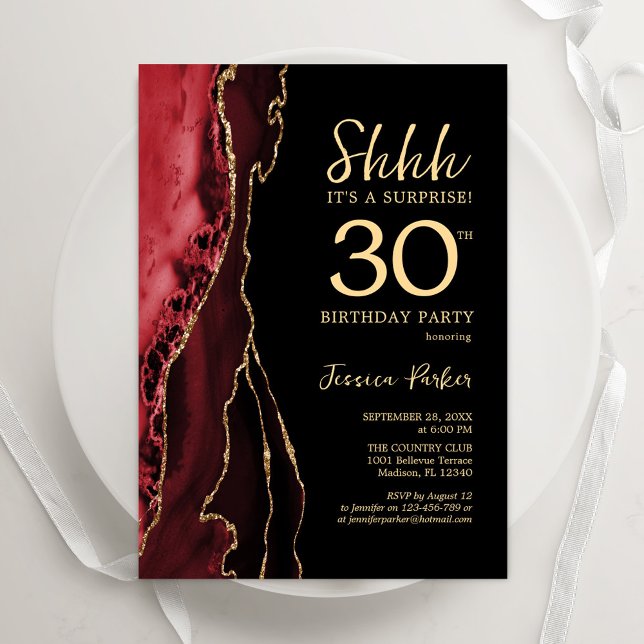 Red Black Gold Agate Surprise 30th Birthday Invitation (Creator Uploaded)