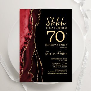 Red Black Gold Agate Surprise 70th Birthday Invitation