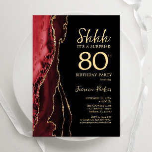 Red Black Gold Agate Surprise 80th Birthday Invitation