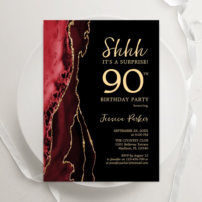 Red Black Gold Agate Surprise 90th Birthday Invitation (Creator Uploaded)