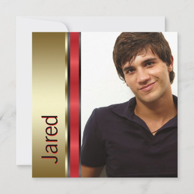 Red Black Gold Boys Photo Graduation Announcements (Front)