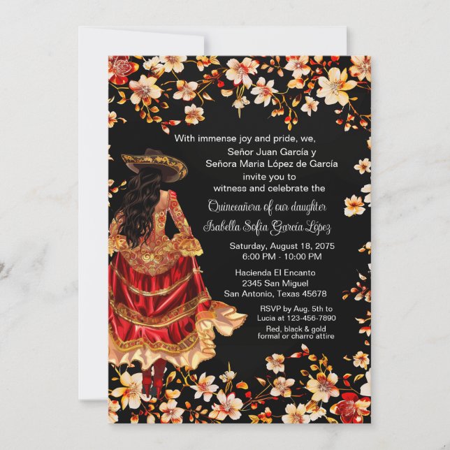 Red Black Gold Charra Quinceañera Invitation (Front)
