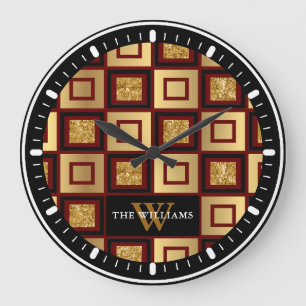Red Black Gold Chequerboard Monogram Large Clock