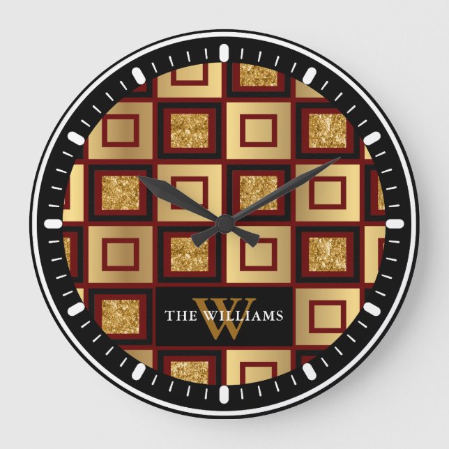 Red Black Gold Chequerboard Monogram Large Clock (Front)
