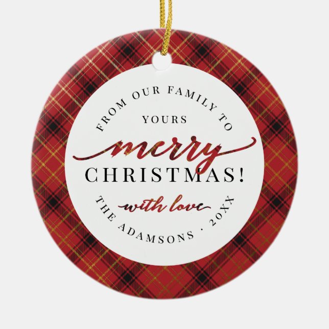Red Black & Gold Christmas Plaid | Merry Christmas Ceramic Tree Decoration (Front)