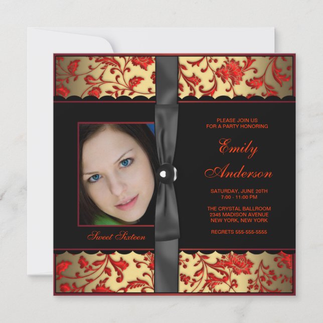 Red Black Gold Damask Photo Sweet 16 Party Invitation (Front)
