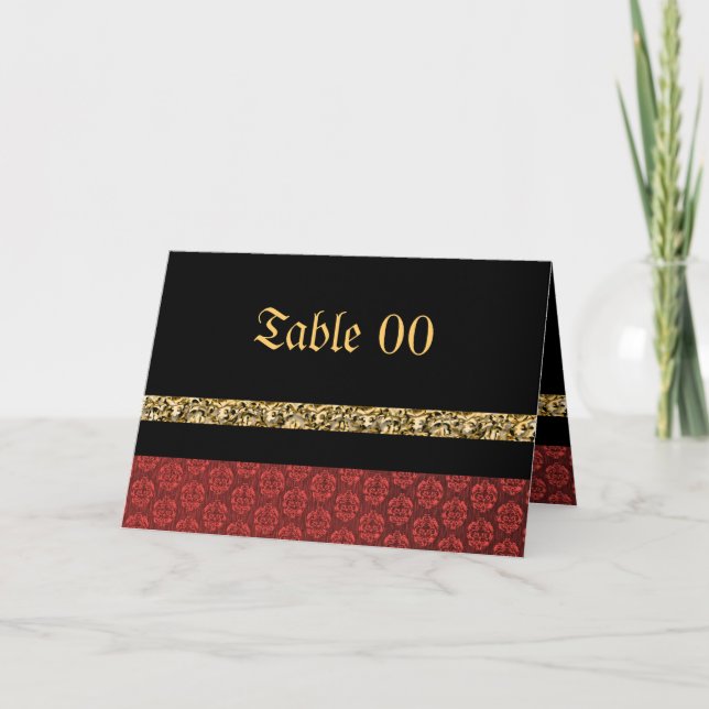Red black gold damask wedding thank you card (Front)