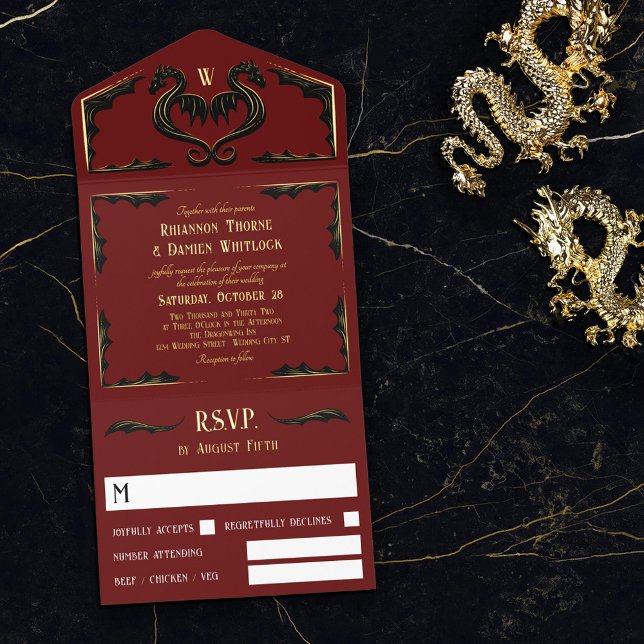 Red Black Gold Dragon Monogram Fantasy Wedding All In One Invitation (Creator Uploaded)