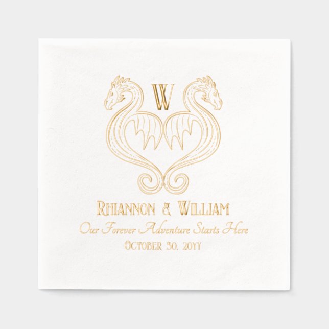 Red Black Gold Dragon Monogram Fantasy Wedding  Foil Napkins (Front)
