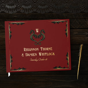 Red Black Gold Dragon Monogram Fantasy Wedding Guest Book