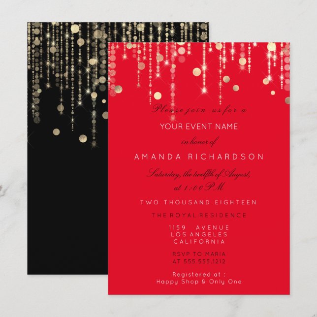 Red Black  Gold Drips Birthday Bridal Shower Invit Invitation (Front/Back)