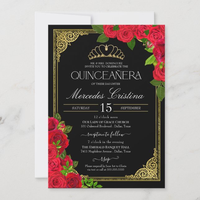 Red Black & Gold Elegant Roses Quinceanera Invitation (Front)