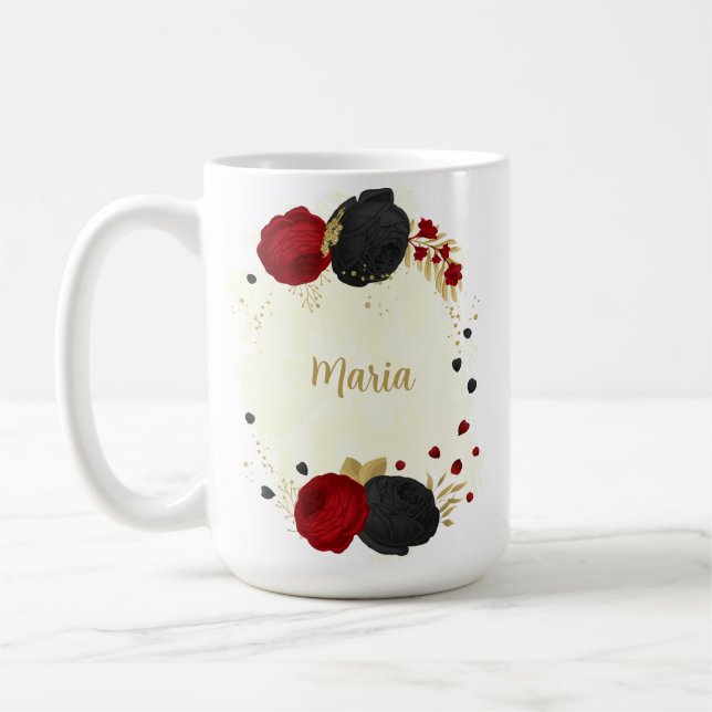 red  black & gold floral wedding coffee mug (Left)