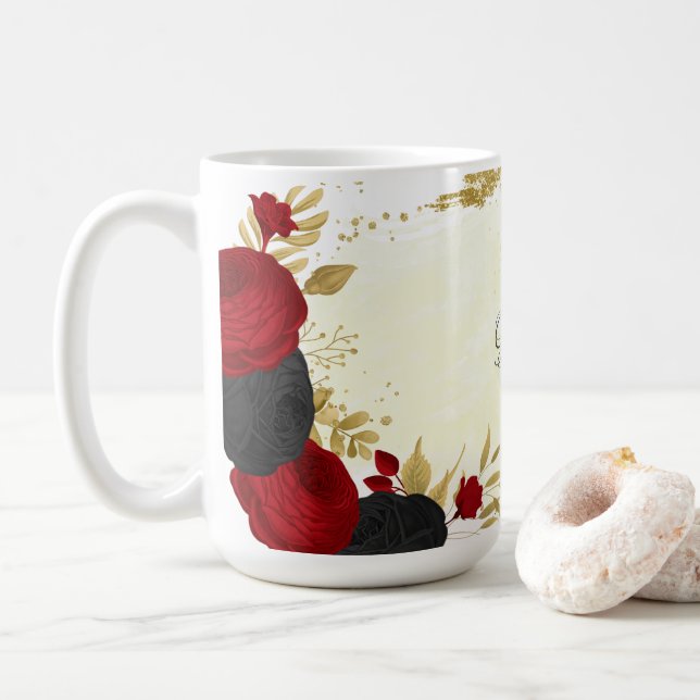red  black & gold floral wedding coffee mug (With Donut)