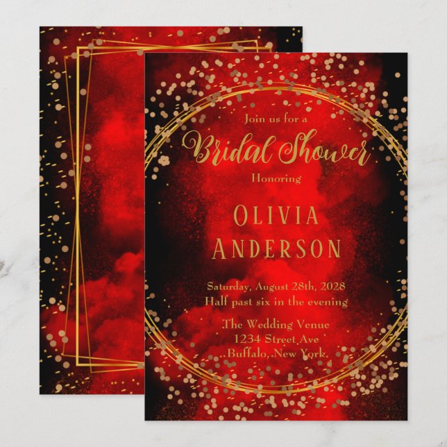 Red Black Gold Geometric Glitter Bridal Shower Invitation (Front/Back)